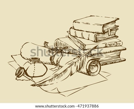 Engraving stack paperback still life with inkpot, candlestick, isolated on white backdrop. Freehand outline hand drawn picture sketch in artistic retro style pencil on parchment with space for text Engraving stack paperback still life with inkpot, candlestick, isolated on white backdrop. Freehand outline hand drawn picture sketch in artistic retro style pencil on parchment with space for text