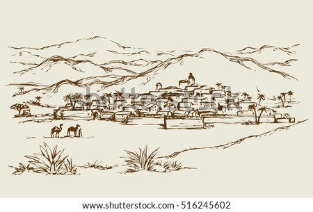Old eastern vintage biblical rural scenic view with rock stone wall and edifice. Freehand outline ink hand drawn picture sketch in art retro engraved graphic style and space for text on sky background Old eastern vintage biblical rural scenic view with rock stone wall and edifice. Freehand outline ink hand drawn picture sketch in art retro engraved graphic style and space for text on sky background