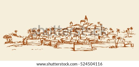 Old eastern persian orient scenic view with stone wall and edifice. Freehand outline ink hand drawn picture sketch in art retro engraved graphic style pen on paper and space for text on sky background Old eastern persian orient scenic view with stone wall and edifice. Freehand outline ink hand drawn picture sketch in art retro engraved graphic style pen on paper and space for text on sky background