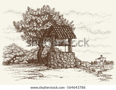 Aged rock source basin with crank covered tiled canopy on village yard. Romantic view. Freehand outline ink hand drawn background sketch in art retro engraving graphic style pen on paper Aged rock source basin with crank covered tiled canopy on village yard. Romantic view. Freehand outline ink hand drawn background sketch in art retro engraving graphic style pen on paper