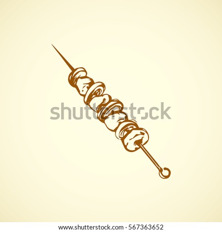 Appetizing traditional turkish culinary fried souvlaki yakitori isolated on white backdrop. Outline ink hand drawn picture icon sketch in vintage doodle graphic style with space for text Appetizing traditional turkish culinary fried souvlaki yakitori isolated on white backdrop. Outline ink hand drawn picture icon sketch in vintage doodle graphic style with space for text