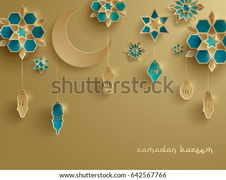 Paper graphic of Islamic decoration. Geometry art, Crescent moon and Arabic lantern. Ramadan Kareem - Glorious month of Muslim year. Paper graphic of Islamic decoration. Geometry art, Crescent moon and Arabic lantern. Ramadan Kareem - Glorious month of Muslim year.