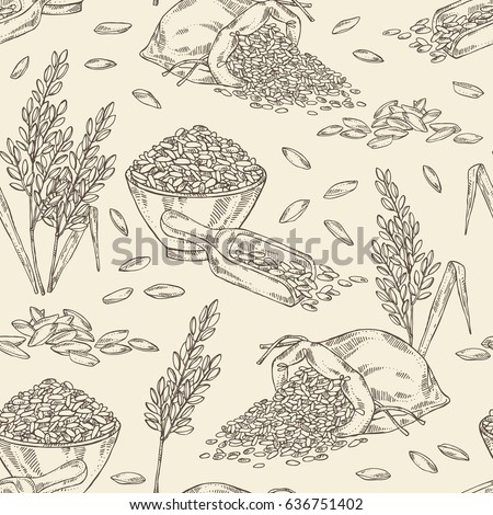 Seamless with rice, plate with rice and bag of rice. hand drawn Seamless with rice, plate with rice and bag of rice. hand drawn