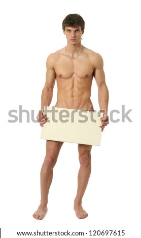 Naked man holding blank banner — Stock Photo 