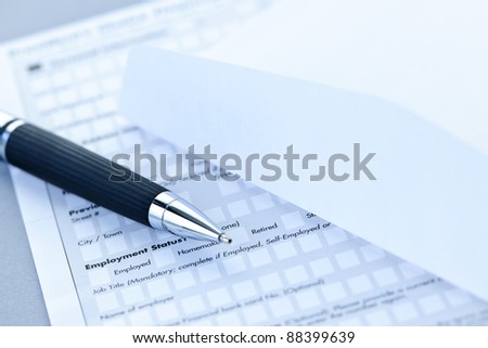 Blank credit application form with envelope and pen close up - stock ... Blank credit application form with envelope and pen close up - stock ...
