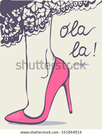 woman legs in pink high heel shoes and long skirt with lace - stock