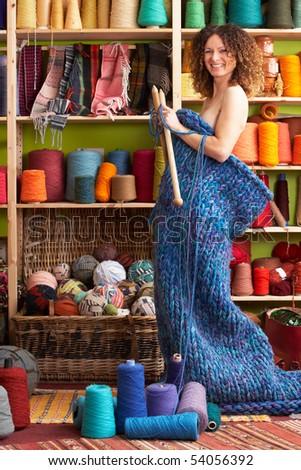 Naked Woman Standing Knitted Item Standing Stock Photo