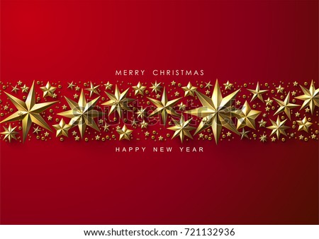Red Christmas Background with Border made of Cutout Gold Foil Stars. Chic Christmas Greeting Card. Red Christmas Background with Border made of Cutout Gold Foil Stars. Chic Christmas Greeting Card.