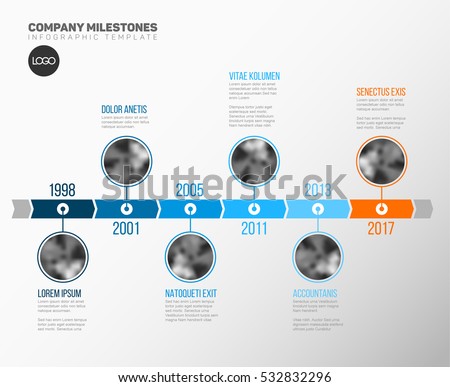 Vector Infographic Company Milestones Timeline Template with circle photo placeholders on a blue time line Vector Infographic Company Milestones Timeline Template with circle photo placeholders on a blue time line