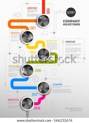 Vector Infographic Company Milestones Timeline Template with circle photo placeholders on colorful line - vertical version Vector Infographic Company Milestones Timeline Template with circle photo placeholders on colorful line - vertical version