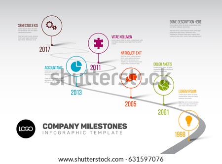 Vector Infographic Company Milestones Timeline Template with pointers on a curved road line Vector Infographic Company Milestones Timeline Template with pointers on a curved road line