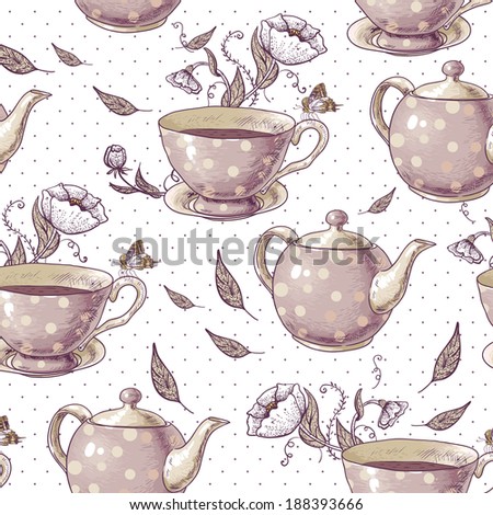 vintage  tea, flowers pots stock cups of style. with  vector and in style cups vintage