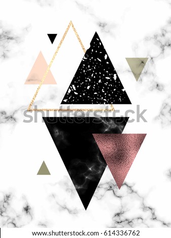 Marble background with gold, rose gold triangles. Geometric print for your card, template, business, brochure. Trendy poster for textile, fabric, web, wallpaper, poster, home design, office design. Marble background with gold, rose gold triangles. Geometric print for your card, template, business, brochure. Trendy poster for textile, fabric, web, wallpaper, poster, home design, office design.