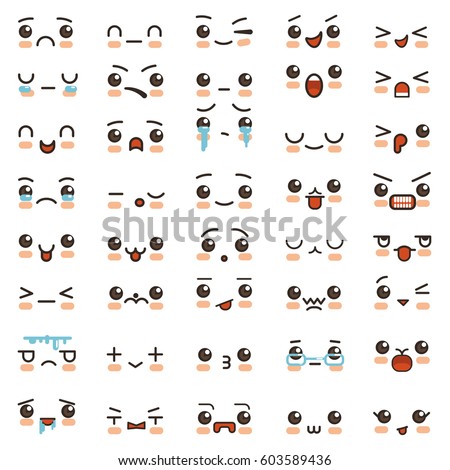 Kawaii cute smile emoticons and Japanese anime emoji faces expressions. Vector cartoon style comic sketch icons set Kawaii cute smile emoticons and Japanese anime emoji faces expressions. Vector cartoon style comic sketch icons set