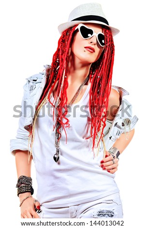... singer with great red dreadlocks. Isolated over white. - stock photo ... singer with great red dreadlocks. Isolated over white. - stock photo