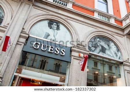 MILAN, ITALY - FEBRUARY 20: Guess store with a Sophia Loren look alike
