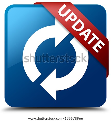 Update update icon glassy red ribbon on glossy blue square button 