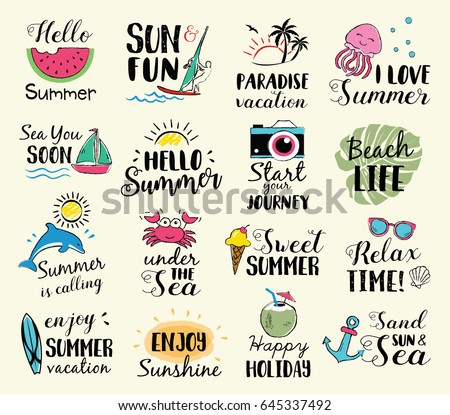 Summer labels, logos, hand drawn tags and elements set for summer holiday, travel, beach vacation, sun. Vector illustration. Summer labels, logos, hand drawn tags and elements set for summer holiday, travel, beach vacation, sun. Vector illustration.