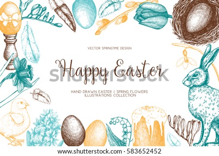 Vector card or invitation design with cute hand drawn illustrations for easter design. Happy Easter Day vintage template. Vector card or invitation design with cute hand drawn illustrations for easter design. Happy Easter Day vintage template.