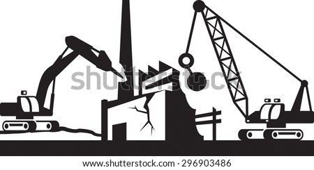 Demolition of industrial buildings - vector illustration - stock vector