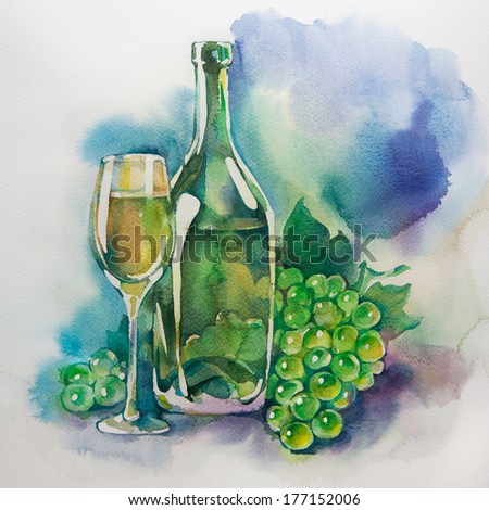 glasses bottles  painting. Wine bottles watercolor  photo  Watercolor glass painting of stock and wine.