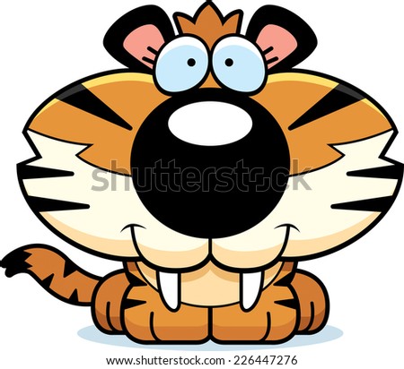 A Cartoon Saber-toothed Tiger Cub Happy And Smiling. - Stock Vector