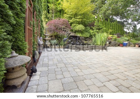 Backyard Garden Asian Inspired Paver Patio with Pagoda Pond Bronze and