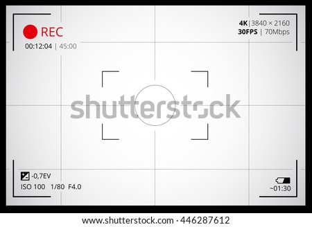 Photo or video camera viewfinder grid with many shooting settings on screen like AF dot, exposure and camera options. Recording led blinked. Realistic corner fall off. Vector background - stock vector Photo or video camera viewfinder grid with many shooting settings on screen like AF dot, exposure and camera options. Recording led blinked. Realistic corner fall off. Vector background - stock vector