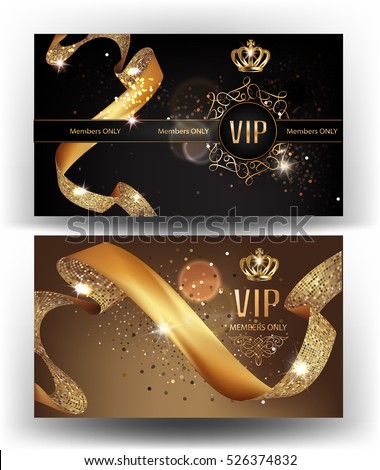 VIP gold banners with sparkling curly ribbons and crowns. Vector illustration VIP gold banners with sparkling curly ribbons and crowns. Vector illustration