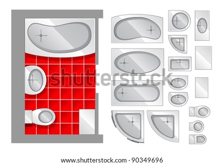 flat scheme with furniture, view from above, bath room - stock vector