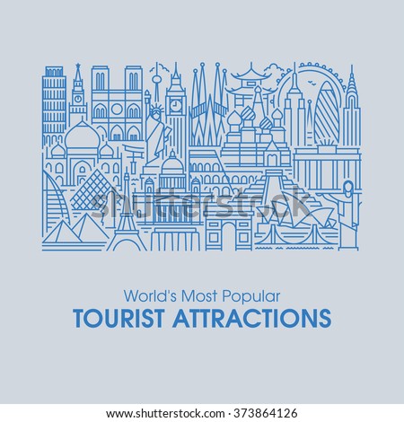 Flat line design style illustration of world's most popular tourist attractions. Modern vector background for traveling, summer vacation, tourism and journey concepts - stock vector Flat line design style illustration of world's most popular tourist attractions. Modern vector background for traveling, summer vacation, tourism and journey concepts - stock vector