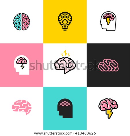 Brain, brainstorming, idea, creativity logo and icon. Set of flat line style vector illustrations - stock vector Brain, brainstorming, idea, creativity logo and icon. Set of flat line style vector illustrations - stock vector