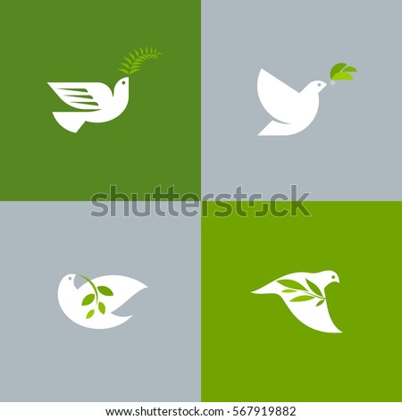 Set of peace doves. Flat style vector logo template of white pigeon with olive branch Set of peace doves. Flat style vector logo template of white pigeon with olive branch