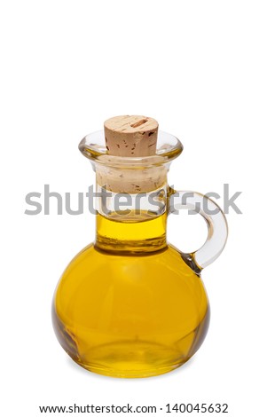 Small bottle of olive oil with cork stopper isolated in front of white ...