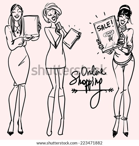 Happy women shopping on-line - stock vector