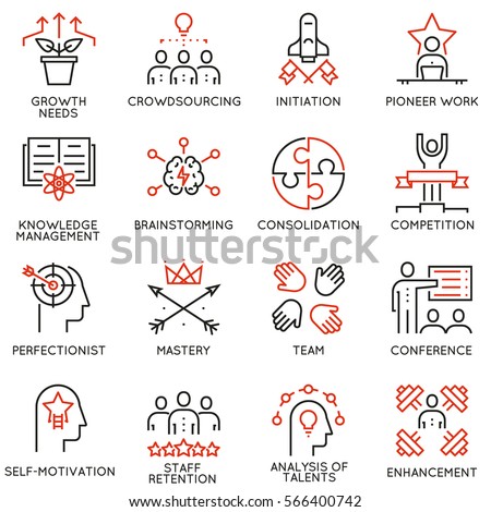 Vector set of 16 linear quality icons related to business management, strategy, career progress and business process. Mono line pictograms and infographics design elements - part 4 Vector set of 16 linear quality icons related to business management, strategy, career progress and business process. Mono line pictograms and infographics design elements - part 4