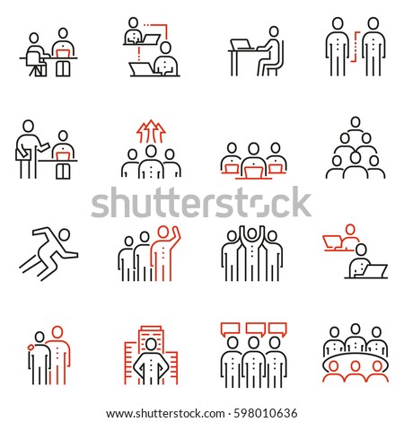 Vector set of 16 linear quality icons related to team work, human resources, business interaction. Mono line pictograms and infographics design elements Vector set of 16 linear quality icons related to team work, human resources, business interaction. Mono line pictograms and infographics design elements