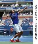 Small photo of NEW YORK - AUGUST 28, 2017: Professional tennis player Marin Cilic of Croatia in action during his 2017 US Open first round match at Billie Jean King National Tennis Center