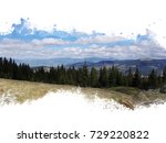 Small photo of coniferous forest in the mountains, fir trees stand in a row, in the background they have mountains and a mountain chain, a mountain landscape, stylized watercolor frame