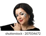 Small photo of Beautiful Caucasian mature woman with Vedic style facial makeup on white background