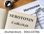 Small photo of Serotonin word written on the book and hormones list.