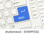 Small photo of Close-up view on white conceptual keyboard - Wiki (blue key)