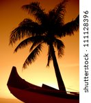 a palm tree and outrigger canoe ...