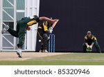 Small photo of PUCHONG, MALAYSIA - SEPT 24: Adam Martel, Guernsey bowls Rakesh Madhavan, Malaysia at the Pepsi ICC World Cricket League Div 6 finals at the Kinrara Oval on September 24, 2011 in Puchong, Malaysia.