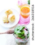 Small photo of New yorker food, jar salad and carrot juice with bread for healthy breakfast image