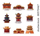 cartoon chinese house icon set