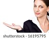 Business woman offering an empty hand (place your product) - stock photo - stock-photo-business-woman-offering-an-empty-hand-place-your-product-16195795