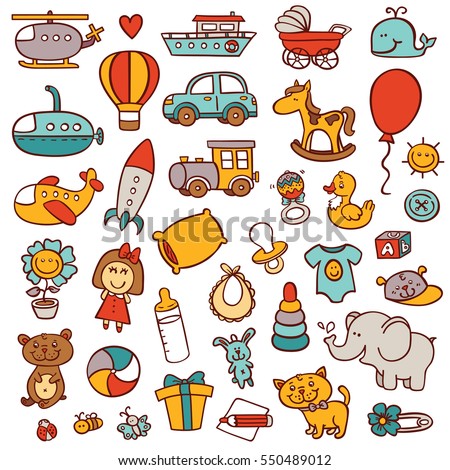 funny baby toys doodle set. vector collection of hand drawn toys icons for baby shower or scrapbook or for icons