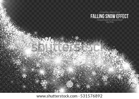 Falling Snow Effect on Transparent Background Vector Illustration. Abstract bright white shimmer glowing scatter round particles, lights and snowflakes