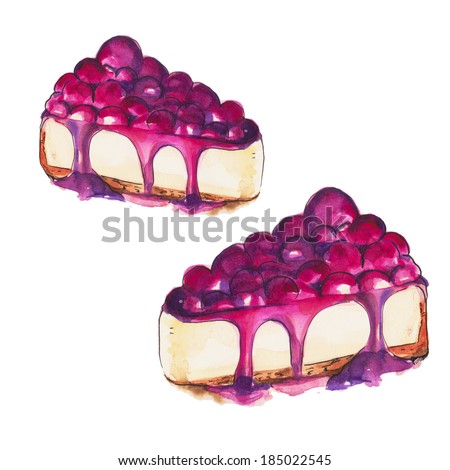 Delicious Slice Blueberry Cheesecake Watercolor Painting Stock